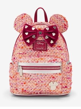 Loungefly Boucle Fabric Minnie Ear Backpack with Burgundy Velvet Bow